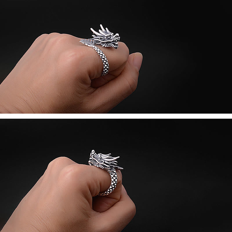 Wear FengShui 990 Sterling Silver Vintage Dragon Design Luck Protection Strength Adjustable Ring