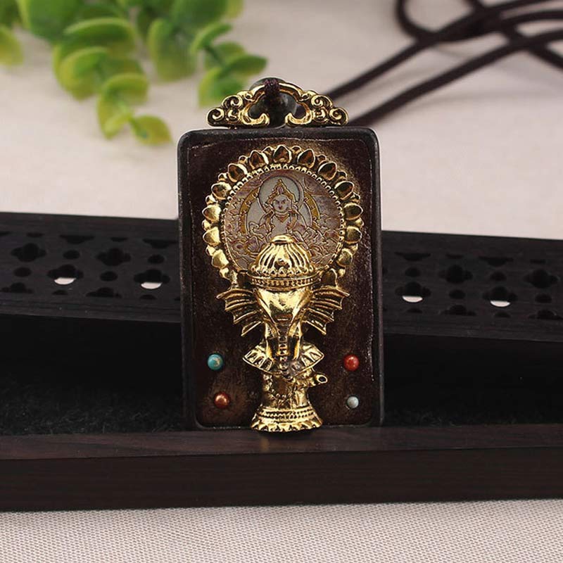Wear FengShui Ebony Wood Elephant God of Fortune Buddha Blessing Necklace String Pendant