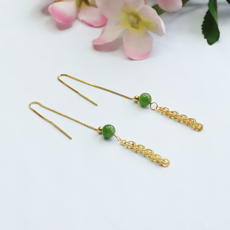 Wear FengShui 925 Sterling Silver Natural Hetian Cyan Jade Bead Luck Phoenix Tail Drop Earrings