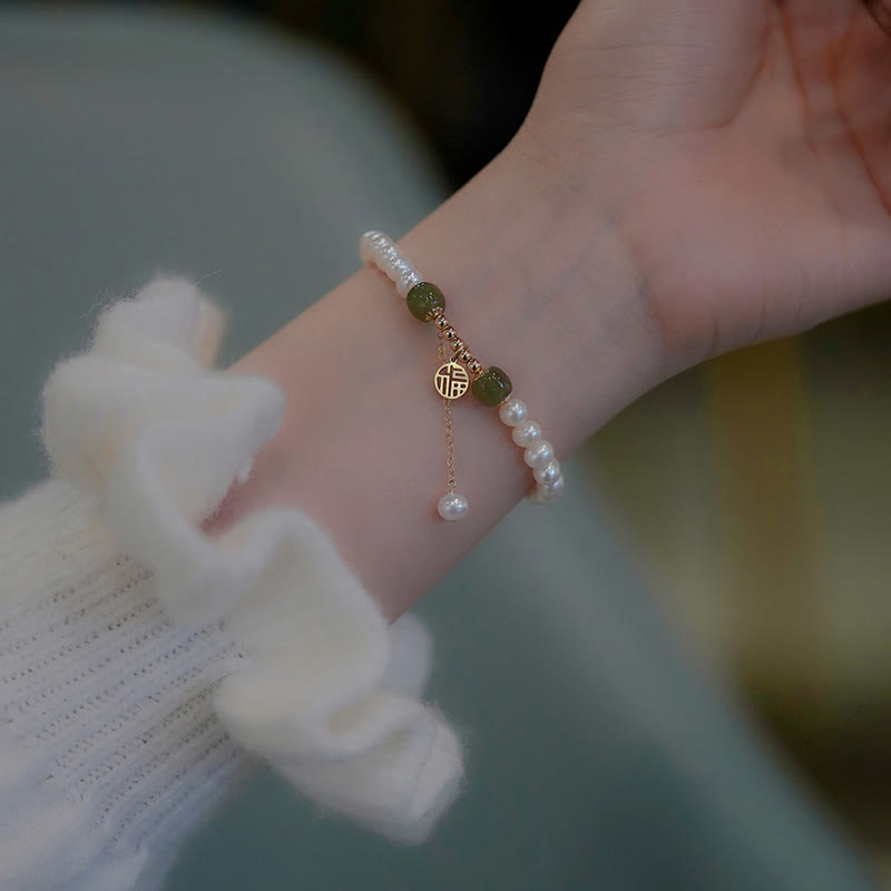 Wear FengShui Natural Pearl Hetian Jade Happiness Wisdom Bead Bracelet