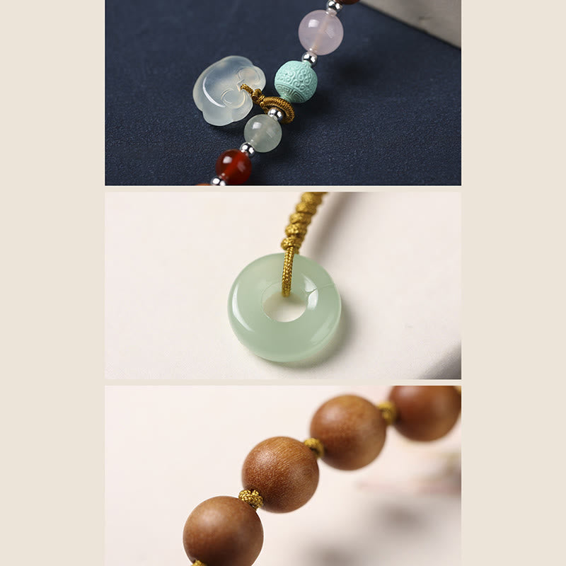 Wear FengShui Green Sandalwood Chalcedony Peace Buckle Charm Soothing Double Wrap Bracelet