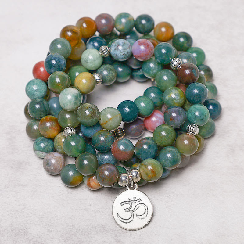 Wear FengShui 108 Mala Beads Indian Agate Lotus OM Buddha Tree of life Positive Calm Bracelet