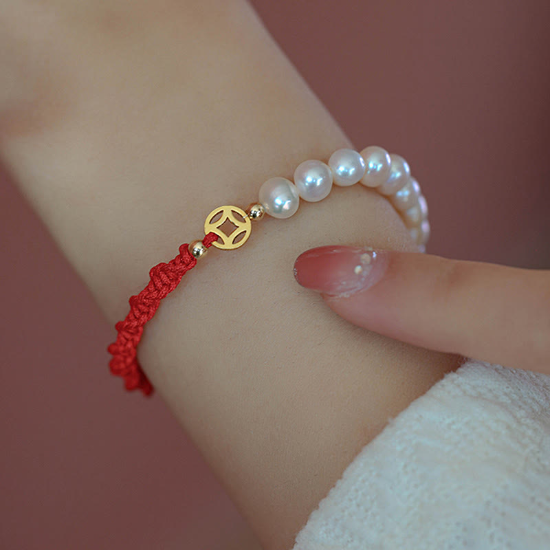 Wear FengShui 14K Gold Plated Pearl Bead Luck Protection Braid Red String Bracelet