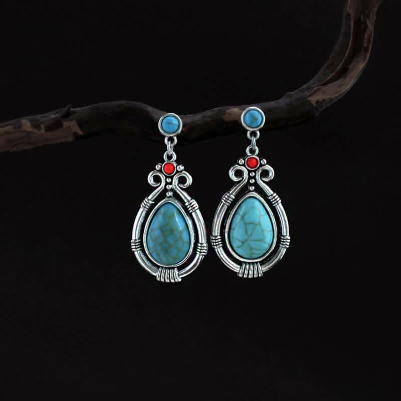 Wear FengShui Tibet Vintage Turquoise Waterdrop Strength Drop Dangle Earrings Clips