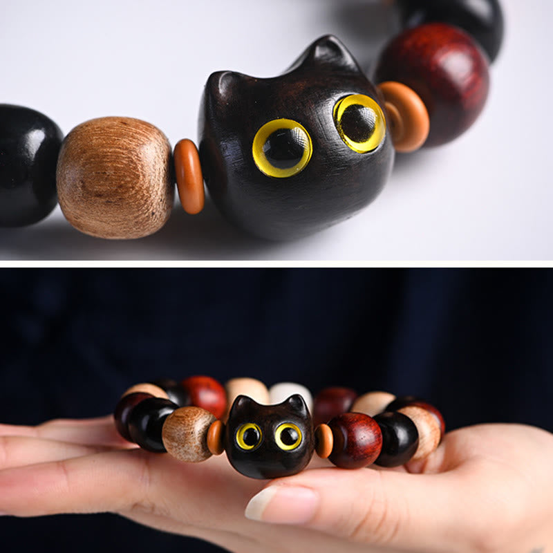 Wear FengShui Small Leaf Red Sandalwood Ebony Wood Cute Cat Engraved Protection Bracelet