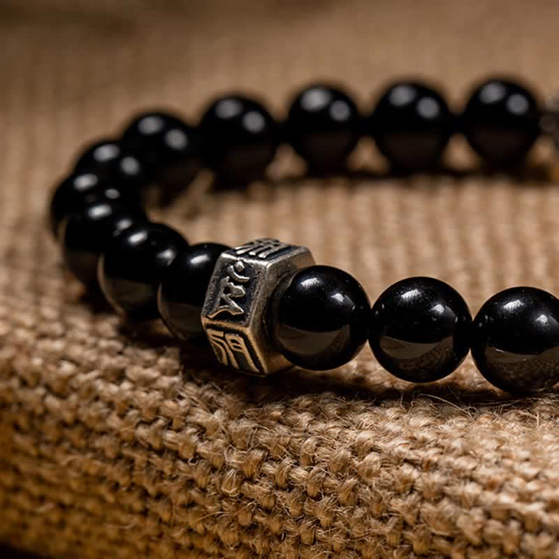 Wear FengShui Chinese Zodiac Natal Buddha 925 Sterling Silver Black Obsidian Moonstone Strength Bracelet
