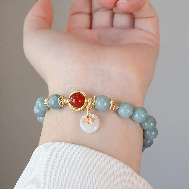 Wear FengShui Natural Jade Red Agate Pearl Bow Tie Luck Bracelet