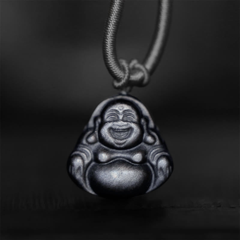 Wear FengShui Natural Silver Sheen Obsidian Laughing Buddha Protection Necklace Pendant
