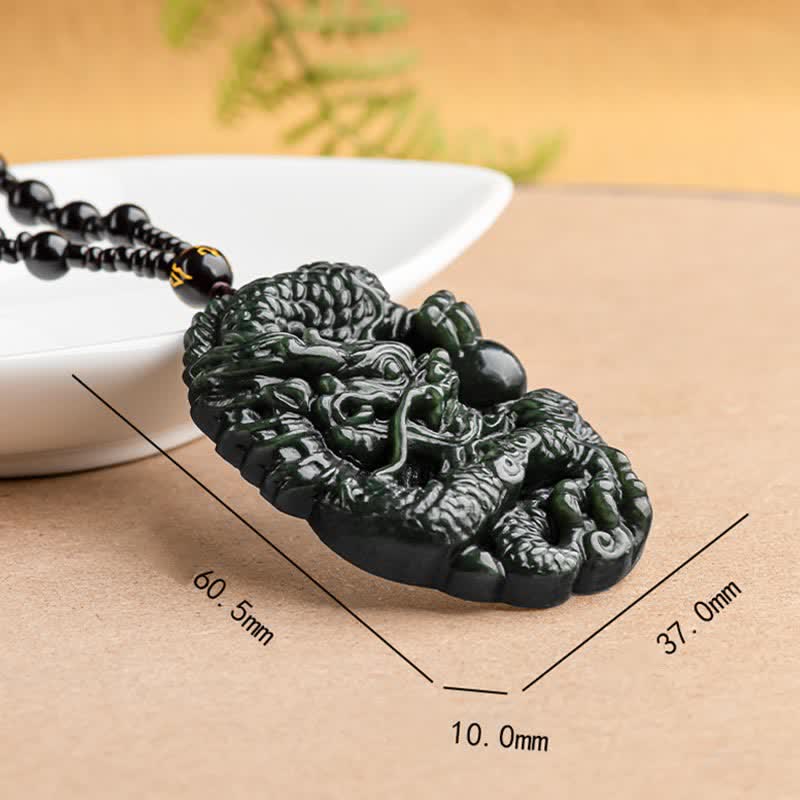 Wear FengShui Hetian Cyan Jade Dragon Success Harmony Necklace Beaded String Pendant