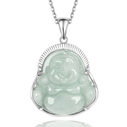 Wear FengShui Laughing Buddha Jade Luck Calm Titanium Steel Chain Necklace Pendant