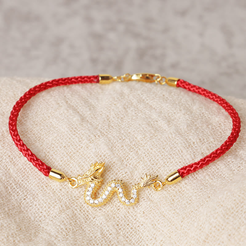 Wear FengShui 925 Sterling Silver Year Of The Dragon Auspicious Golden Dragon Luck Red Rope Chain Bracelet
