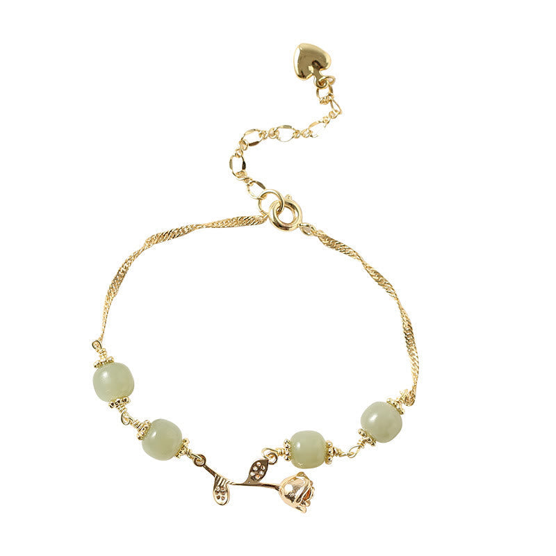 Wear FengShui 14K Gold Plated Hetian Jade Golden Rose Flower Luck Chain Bracelet