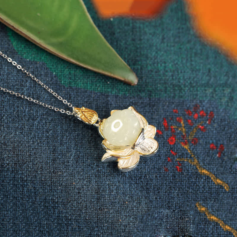 Wear FengShui White Jade Lotus Flower Happiness Necklace