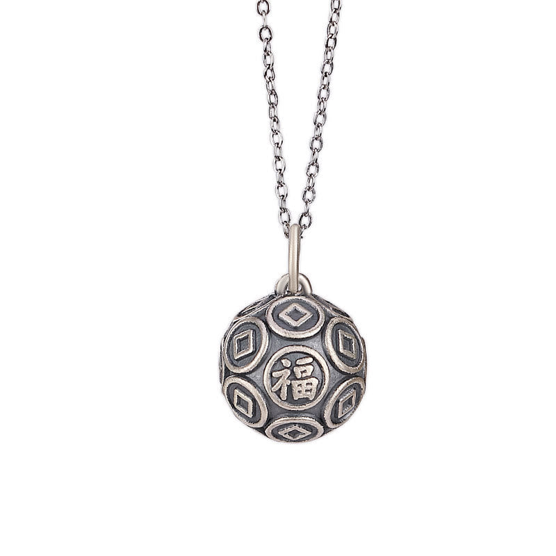 Wear FengShui 990 Sterling Silver Fu Character Copper Coin Luck Fortune Chain Necklace Pendant