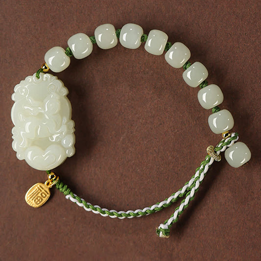 Wear FengShui 925 Sterling Silver Chinese Zodiac Hetian Jade Happiness Luck String Bracelet