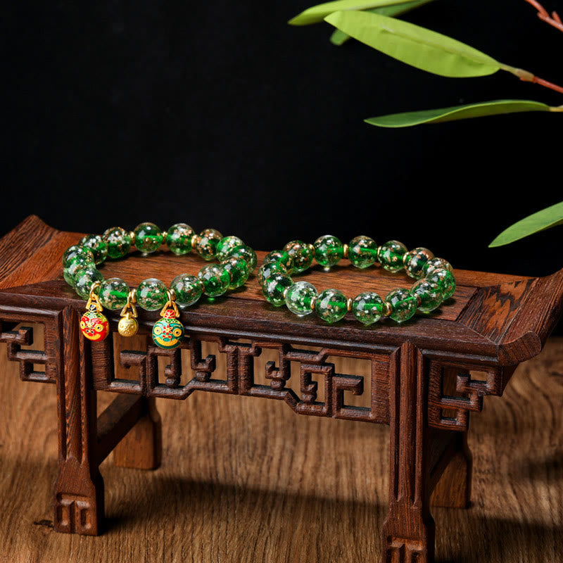 Wear FengShui Gold Swallowing Beast Family Charm Luminous Fluorescent Liuli Glass Bead Success Bracelet