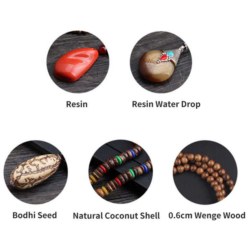 Wear FengShui Tibetan Wenge Wood Bodhi Seed Agate Balance Peace Necklace Pendant