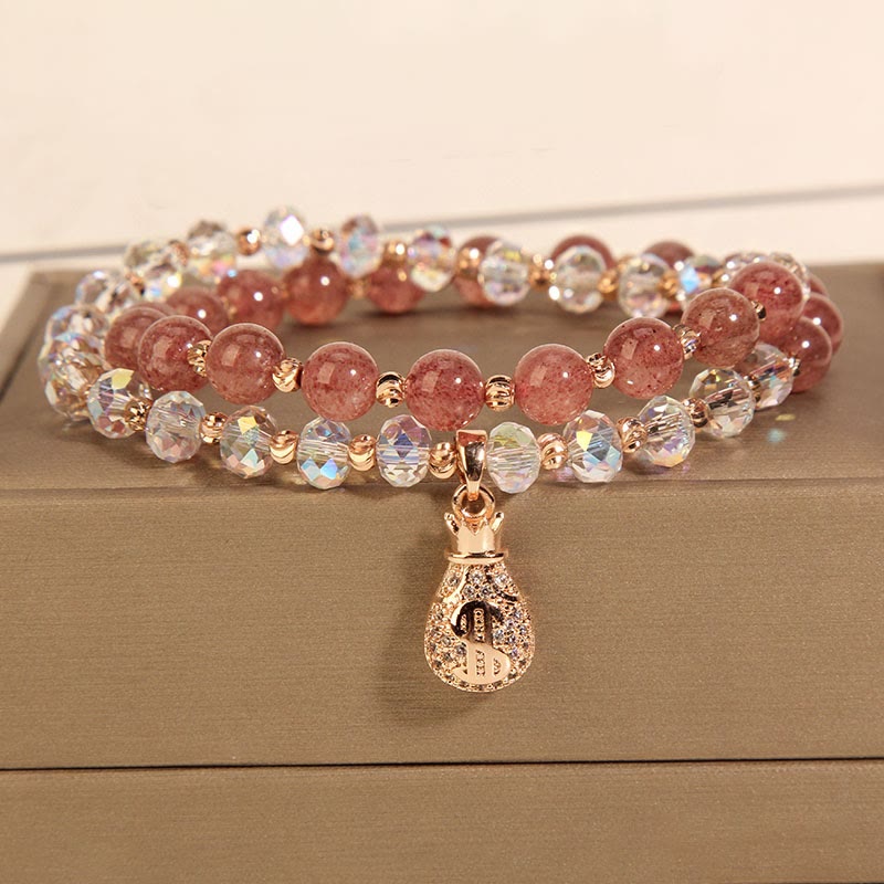 Wear FengShui Strawberry Quartz White Crystal Money Bag Charm Positive Bracelet