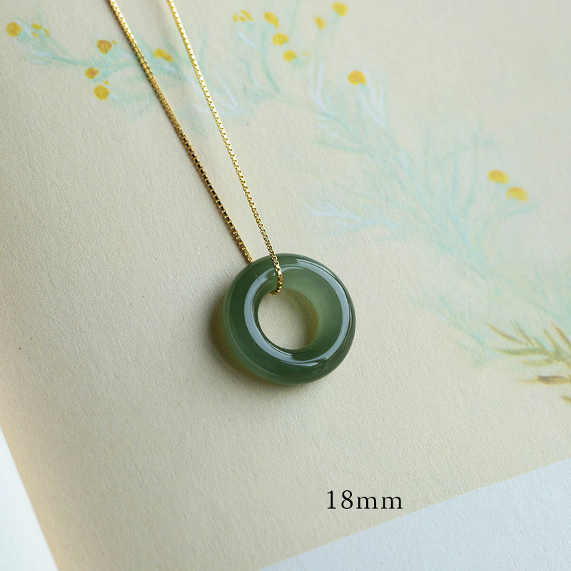 Wear FengShui Natural Round Jade Peace Buckle Luck Abundance Necklace Pendant