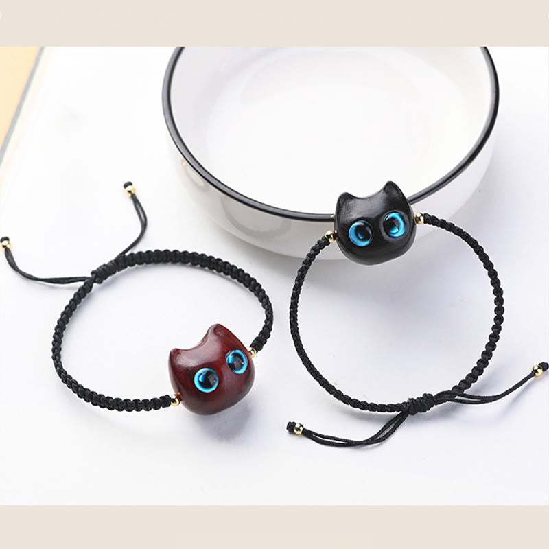 Wear FengShui Small Leaf Red Sandalwood Ebony Wood Cute Cat Head Calm Protection Braided Bracelet