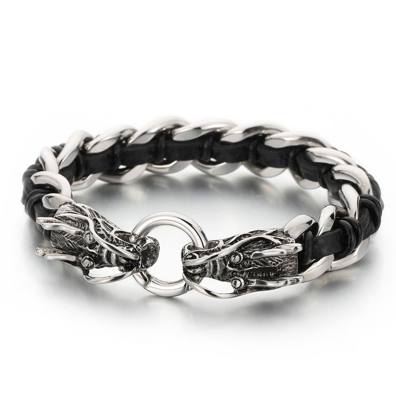 Wear FengShui Dragon Leather Titanium Steel Protection Luck Braided Bracelet