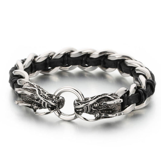 Wear FengShui Dragon Leather Titanium Steel Protection Luck Braided Bracelet