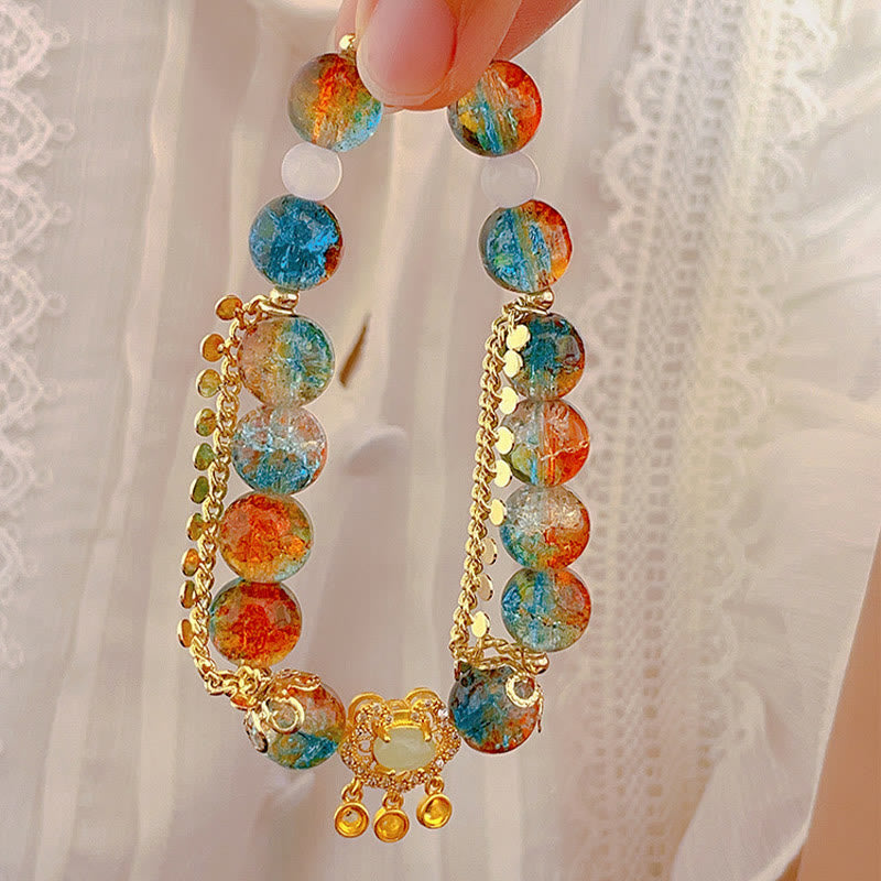 Wear FengShui Colorful Liuli Glass Bead Chinese Lock Charm Fortune Bracelet