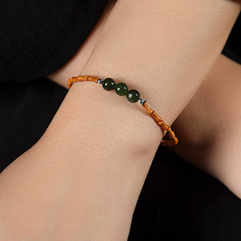 Wear FengShui Natural Olive Pit Bamboo Pattern Hetian Jade Beads Luck Bracelet