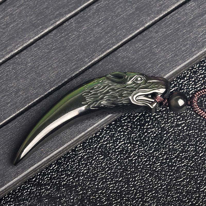 Wear FengShui Natural Black Obsidian Ice Obsidian Rainbow Obsidian Wolf Tooth Pattern Strength Necklace Pendant