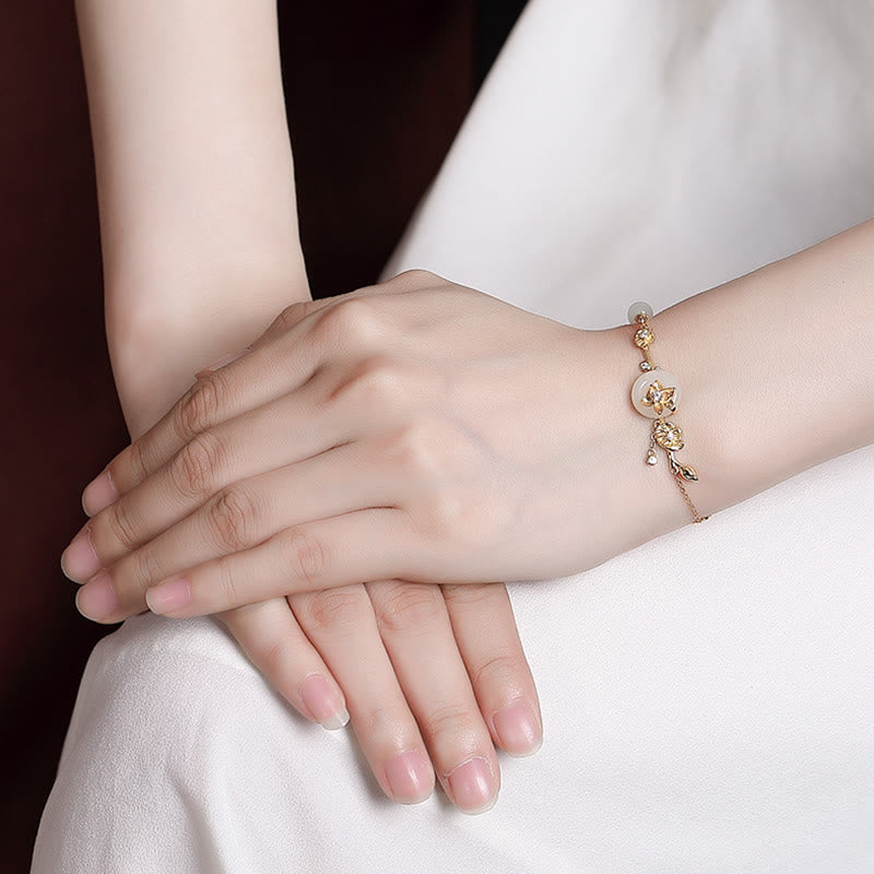 Wear FengShui 925 Sterling Silver Hetian Jade Peace Buckle Lotus Luck Chain Bracelet