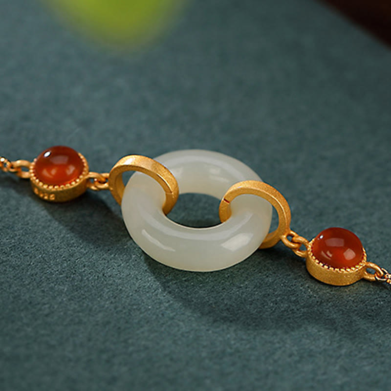 Wear FengShui 925 Sterling Silver Plated Gold Natural Hetian Jade Peace Buckle Red Agate Luck Bracelet