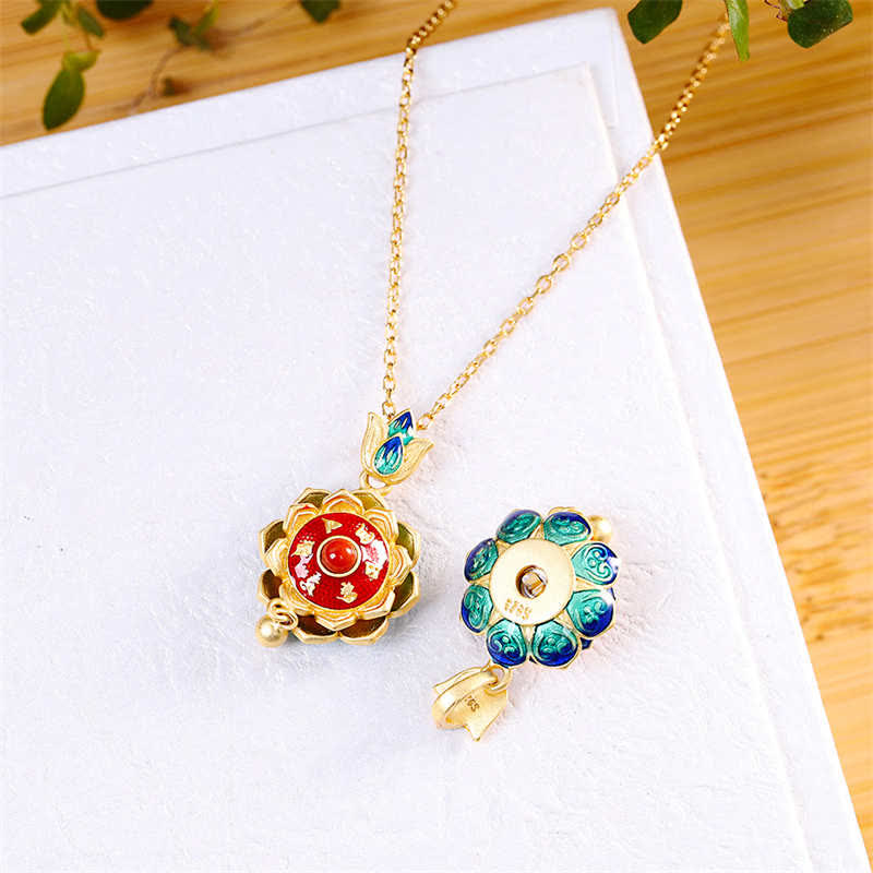 Wear FengShui 925 Sterling Silver Tibet Lotus Prayer Wheel Red Agate Enlightenment Necklace Pendant