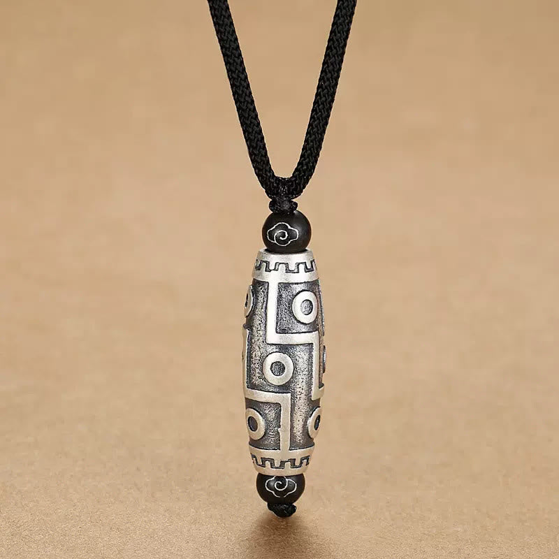 Wear FengShui Tibet Nine-Eye Dzi Bead Pattern Copper Auspicious Clouds Wealth Necklace Pendant