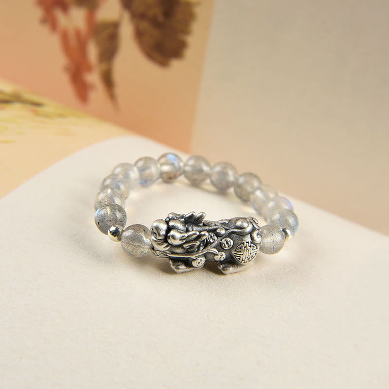 Wear FengShui 925 Sterling Silver Natural Garnet Moonstone Red Agate PiXiu Wealth Ring