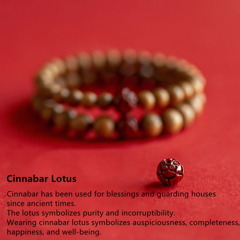 Wear FengShui Peach Wood Lotus Cinnabar Luck Wealth Bracelet