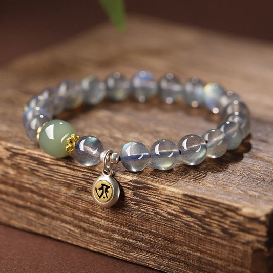 Wear FengShui Chinese Zodiac Natal Buddha 925 Sterling Silver Natural Moonstone Hetian Jade Positive Bracelet
