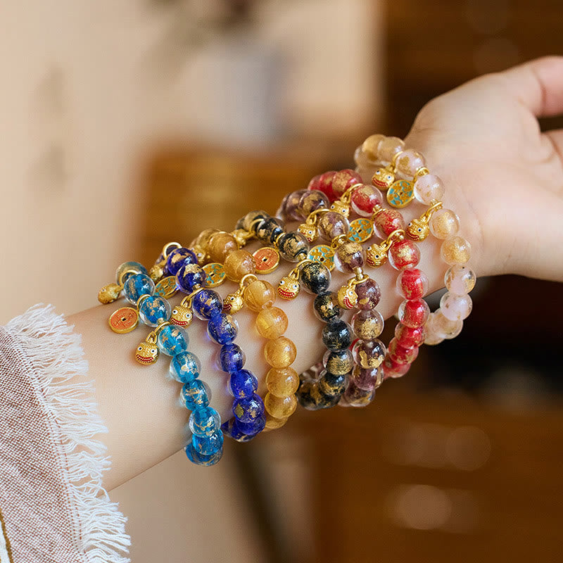 Wear FengShui Gold Swallowing Beast Copper Coin Good Luck Charm Liuli Glass Bead Fortune Bracelet
