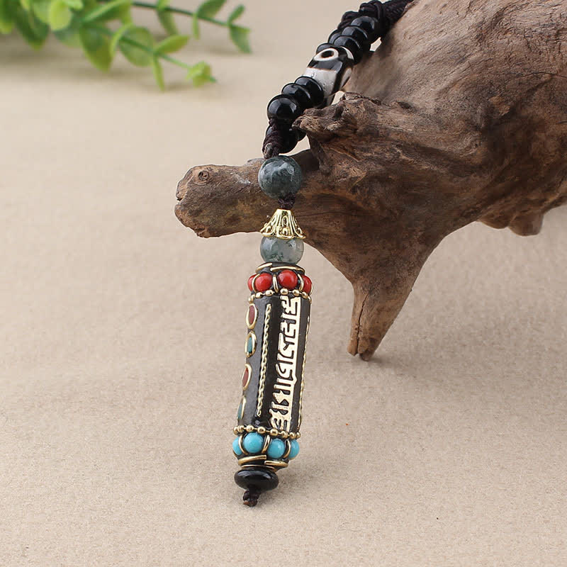 Wear FengShui Tibetan Om Mani Padme Hum Dzi Bead Wenge Wood Necklace Pendant