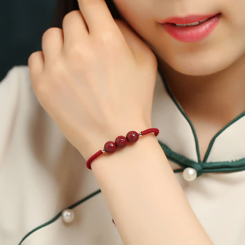 Wear FengShui Handmade Cinnabar Om Mani Padme Hum Engraved Beads Blessing Braided Bracelet