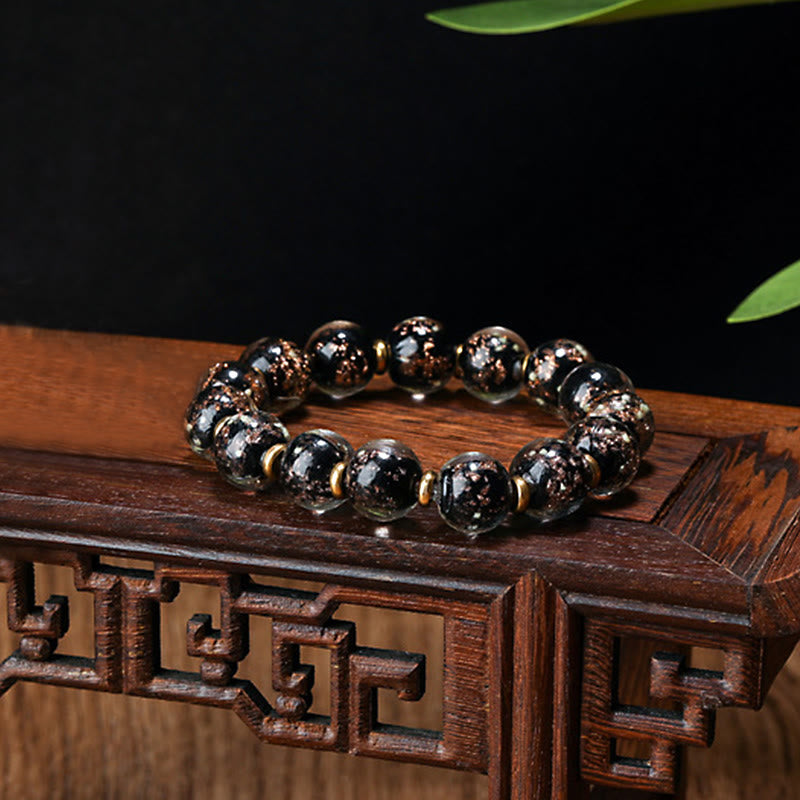 Wear FengShui Gold Swallowing Beast Family Charm Luminous Fluorescent Liuli Glass Bead Success Bracelet