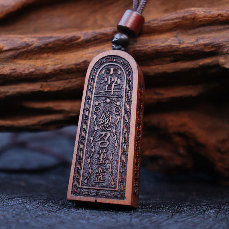 Wear FengShui Lightning Struck Jujube Wood Taoist Five Thunder Order Luck Protection Necklace Pendant