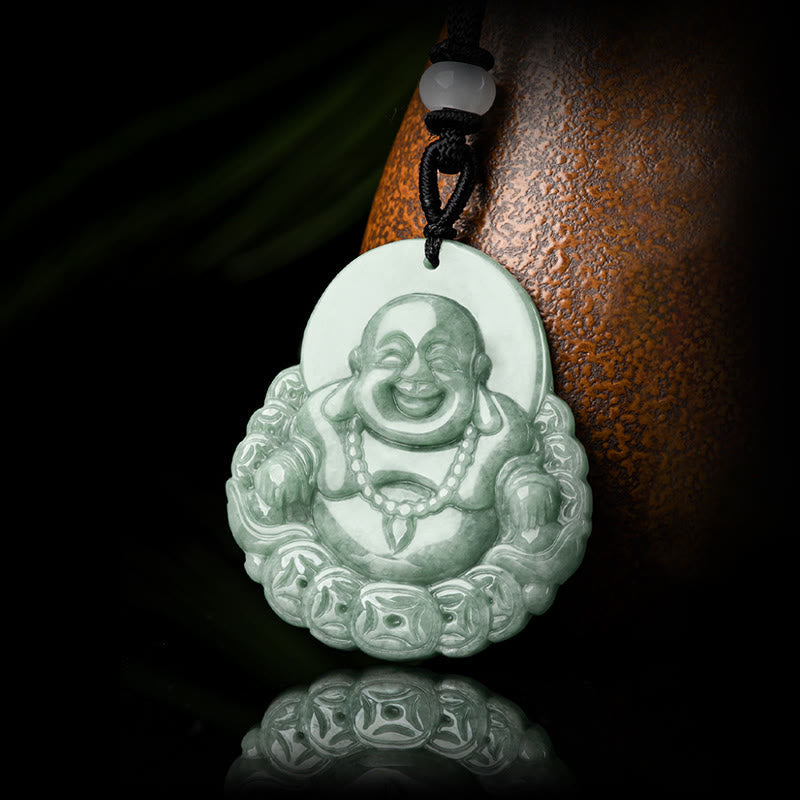 Wear FengShui Laughing Buddha Natural Jade Copper Coin Abundance Necklace Pendant