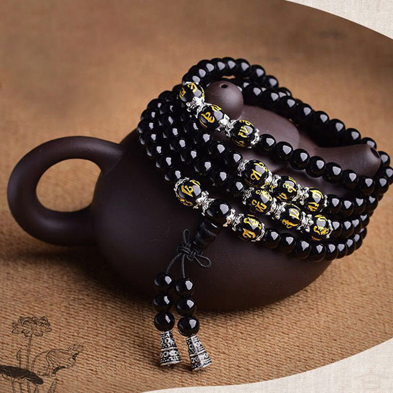Wear FengShui Black Obsidian Six True Words Protection Mala Bracelet