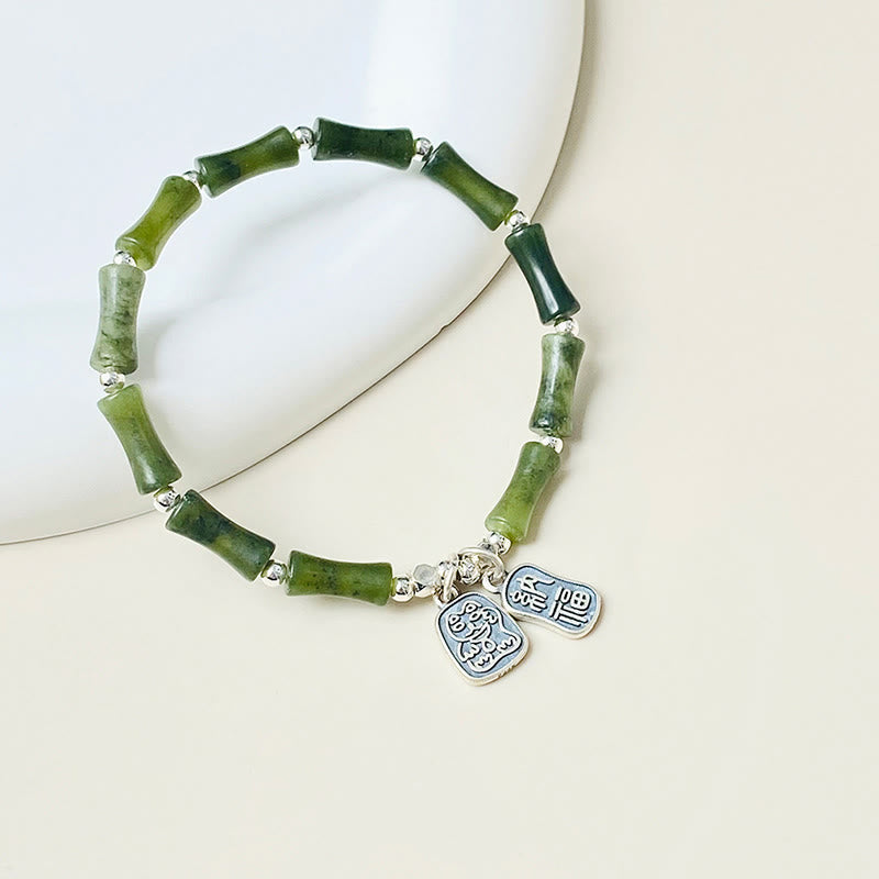 Wear FengShui 925 Sterling Silver Bamboo Jade Lucky Cat Fu Character Luck Abundance Bracelet
