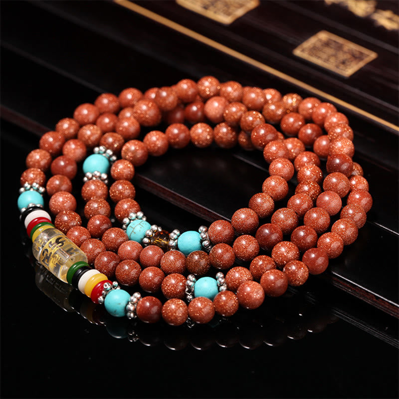 Wear FengShui 108 Mala Beads Goldstone Om Mani Padme Hum Swastika Confidence Bracelet