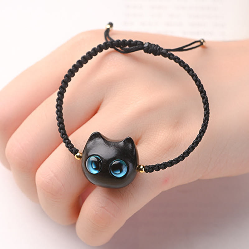 Wear FengShui Small Leaf Red Sandalwood Ebony Wood Cute Cat Head Calm Protection Braided Bracelet