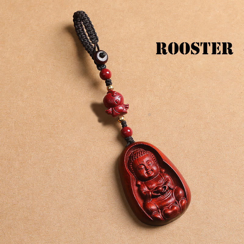 Wear FengShui Small Leaf Red Sandalwood Buddha Cinnabar Chinese Zodiac Amulet Protection Key Chain