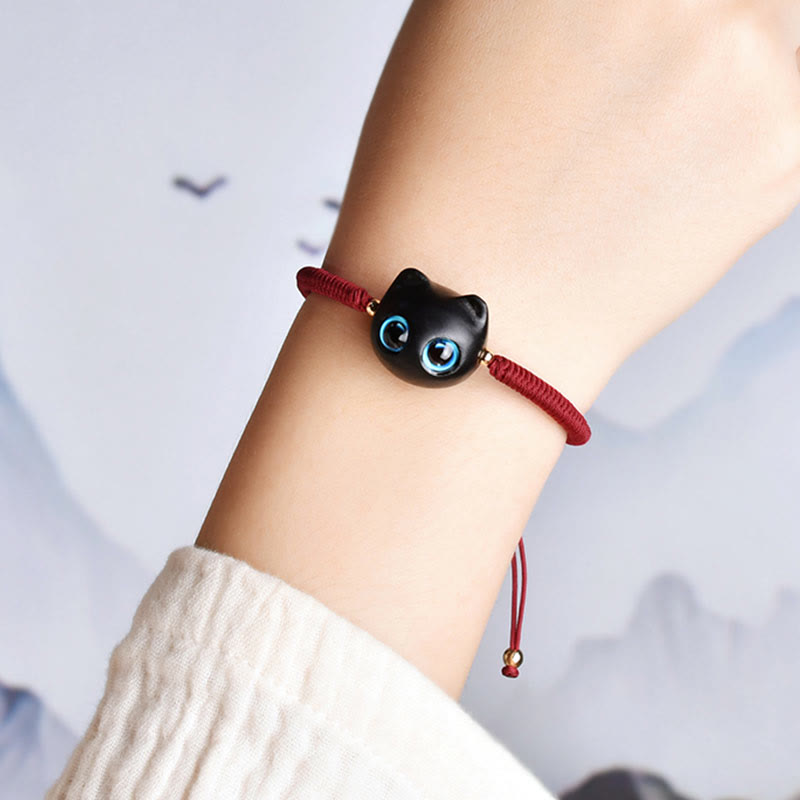 Wear FengShui Ebony Wood Cat Head Pattern Peace King Kong Knot Braided Bracelet