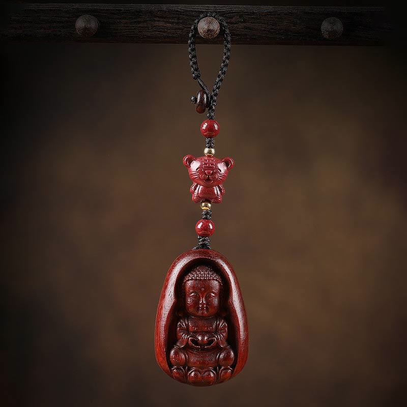 Wear FengShui Small Leaf Red Sandalwood Buddha Cinnabar Chinese Zodiac Amulet Protection Key Chain