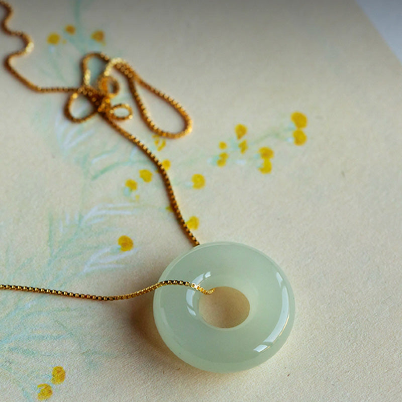 Wear FengShui Natural Round Jade Peace Buckle Luck Abundance Necklace Pendant